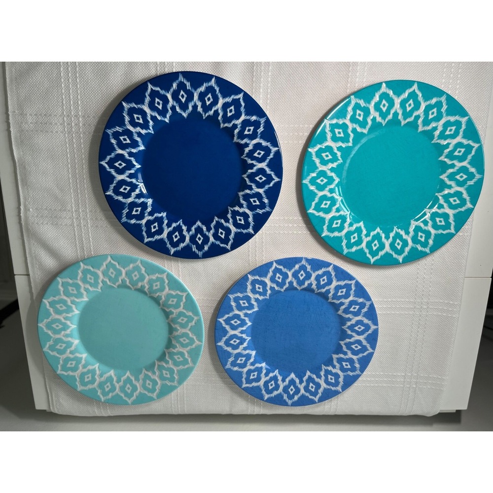 Set Of 4‎ Melamine Blue Aqua Teal Floral Medallion Dinner Plates